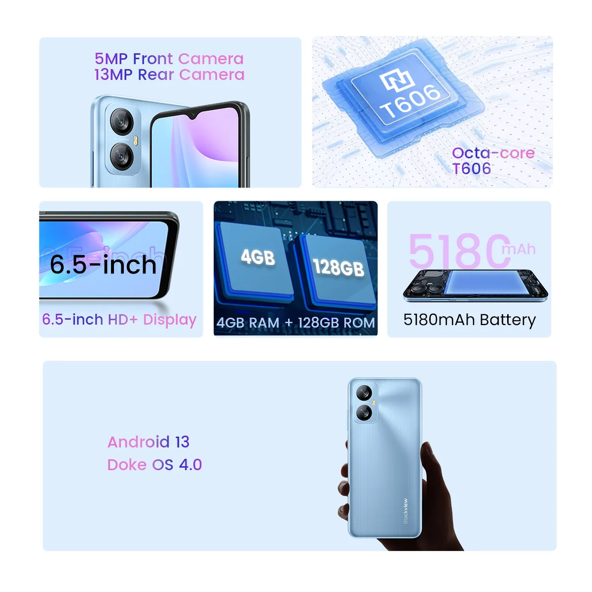 Blackview A52 Pro Smartphone 6.5 Inch Mobilephone 4GB 128GB Octa Core Android 13 Mobile Phone 5180mAh 13MP Rear Camera Dual 4G