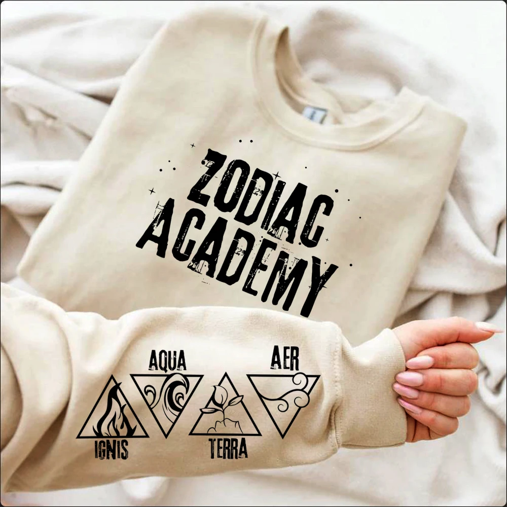 Zodiac Academy 레트로 요소 슬리브 스웨트셔츠, Ignis Aer 아쿠아 테라 슬리브 셔츠, 조디악 사인 크루넥 그래픽 상의