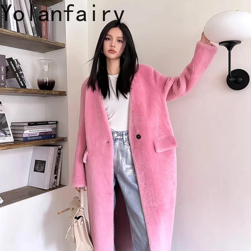 

YOLANFAIRY autumn and winter Australian sheep's wool whole fur V-neck blouse minimalism overcoat дубленка женская 2025