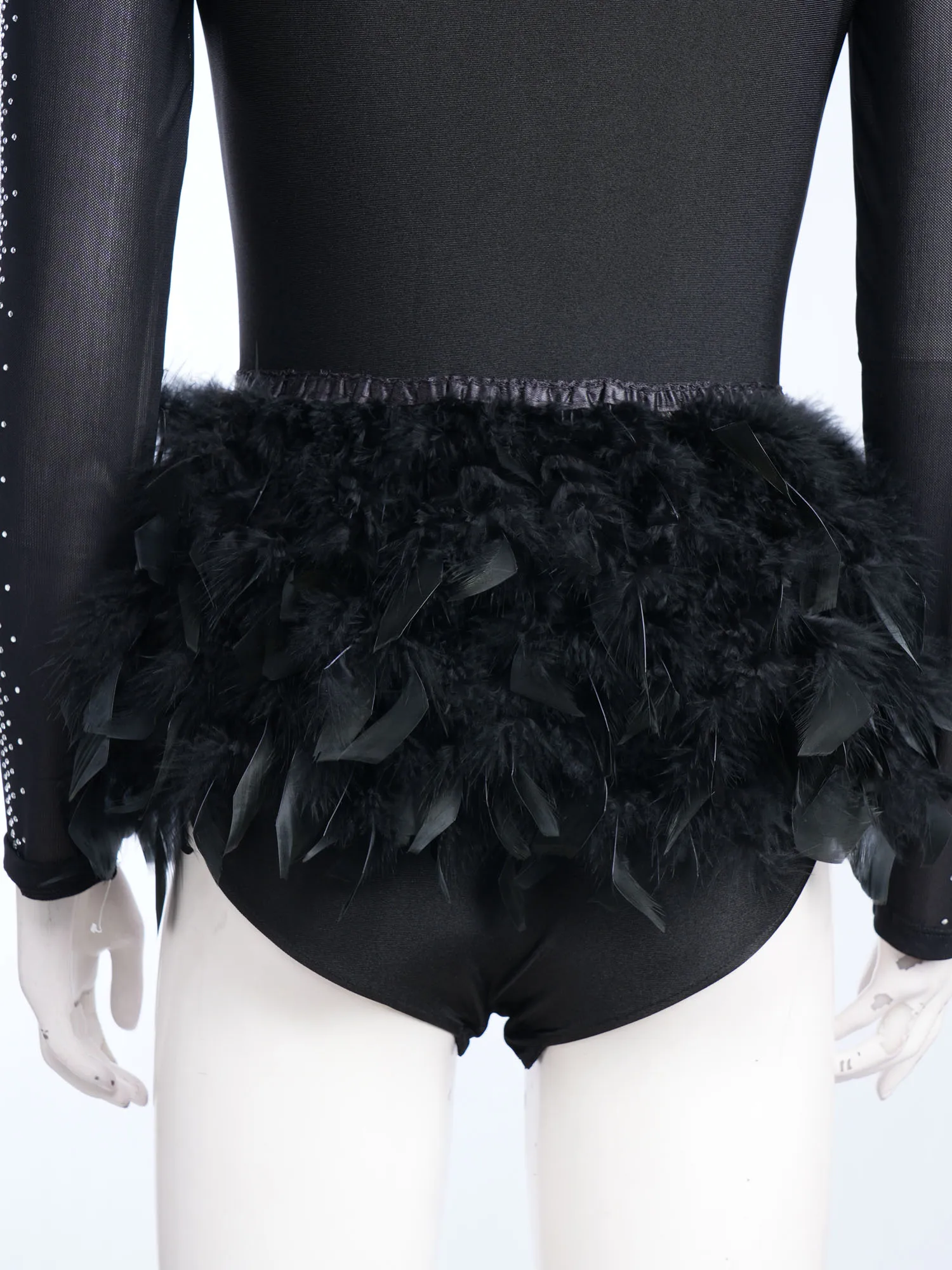 

Женский гимнастический купальник для латиноамериканских танцев с воротником, блестящий, со стразами, сетчатый, с длинными рукавами, с пушистыми перьями, для фигурного катания