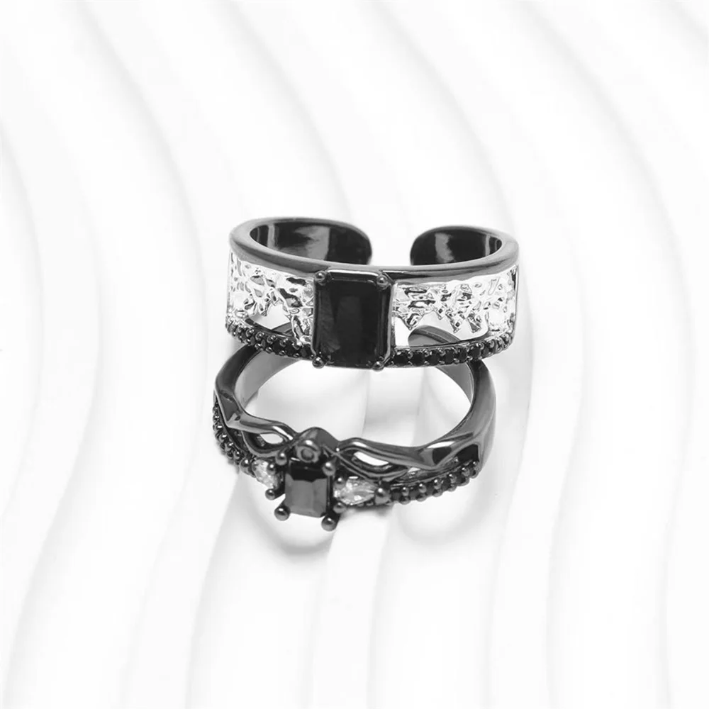 Gothic Black Zircon Couple Rings Adjustable Open Band Ring Vintage Dark Jewelry Gift For Men Women Party Accessories
