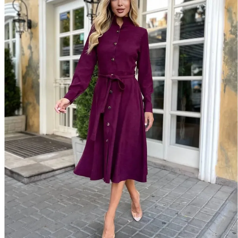 

Fashion temperament women's clothing solid color lace-up button-up shirt dress simple elegance versatile high-end vacation style