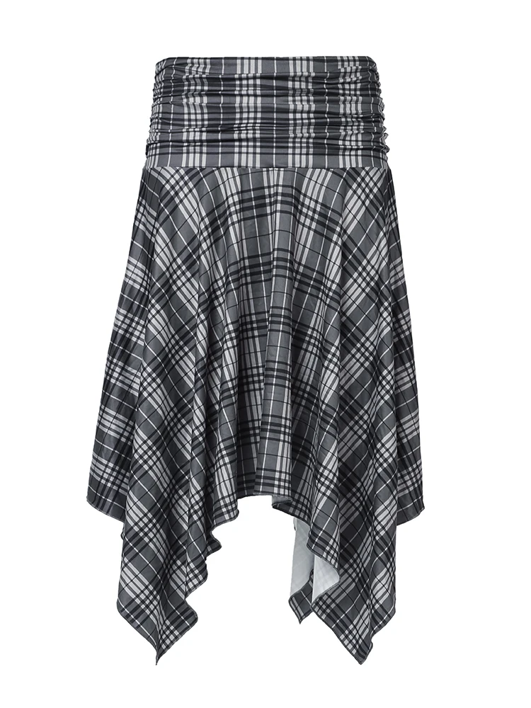 Weekeep Loose Irregular Plaid Print Skirt Vintage y2k Low Rise Midi Skirts for Women Fashion Street Style All-match Lady Bottoms