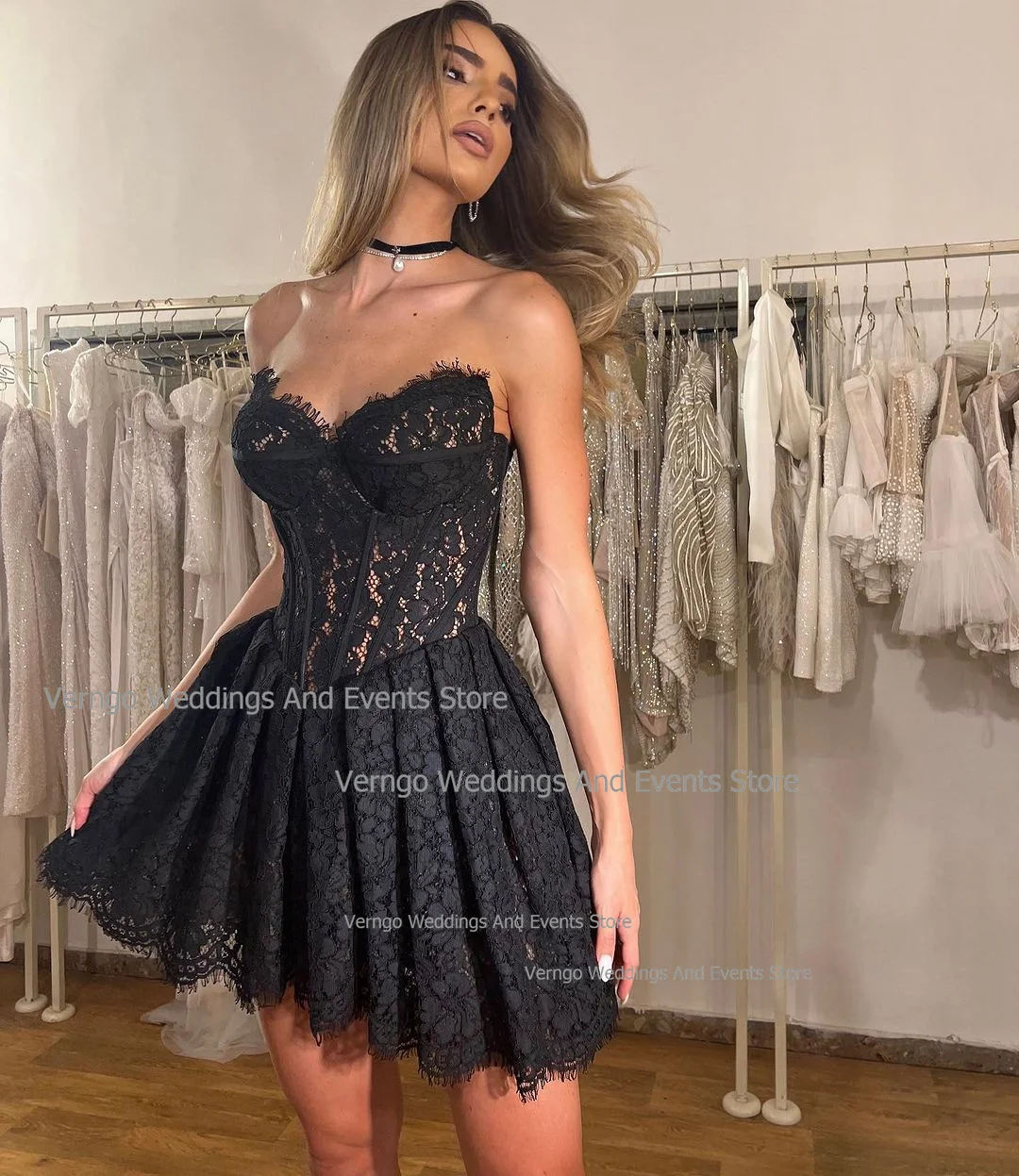 Verngo Short Prom Dresses A-line Sweetheart Sleeveless Evening Party Gown Black Lace 2024 Girl Birthday Formal Occasion Dress