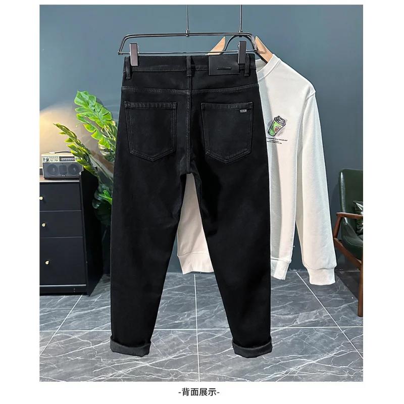 

Thick black jeans with added fleece, men's winter 2025 fashion slim fit small leg pants, warm and cold resistant men's clothing