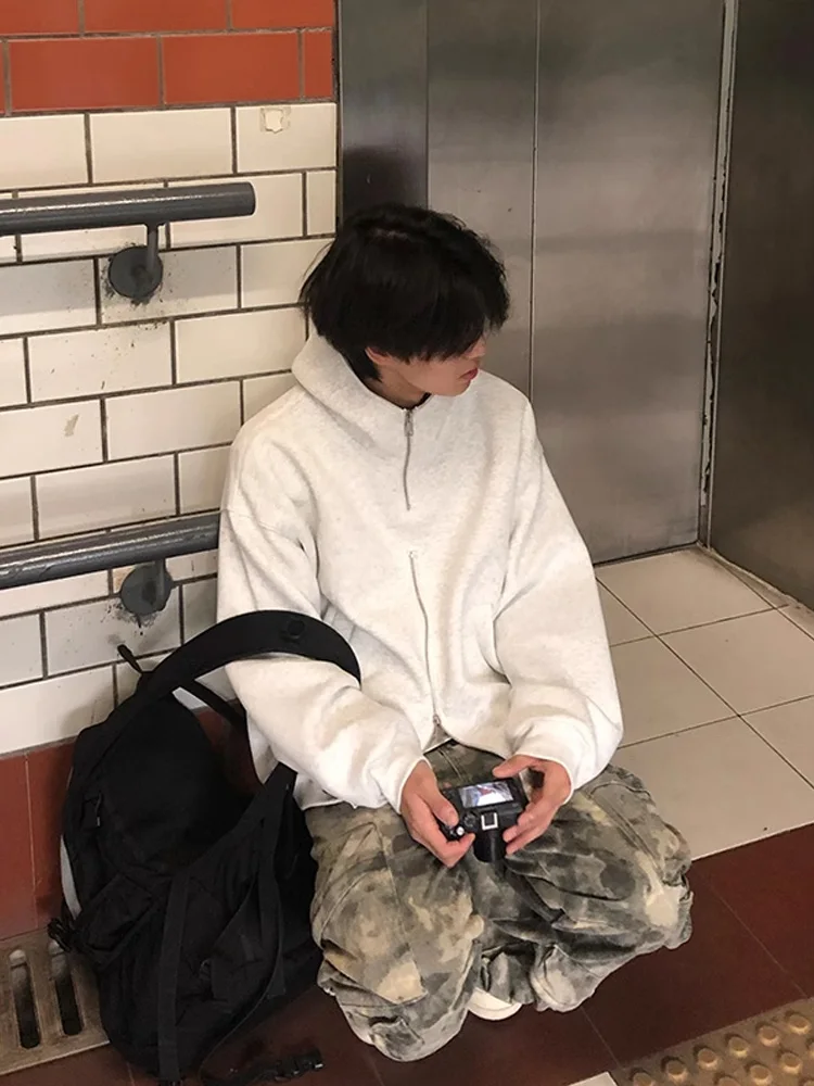 

Мужская толстовка на молнии в американском ретро-стиле, плотная, весенняя, с двойным спортивным воротником, повседневная, свободного кроя, с длинными рукавами