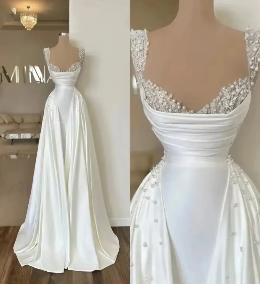 

Customized Wedding Dresses Pearls Party Formal Mermaid Bridal Gowns Detachable Satin Women Garden Marriage Vestidos De Novia