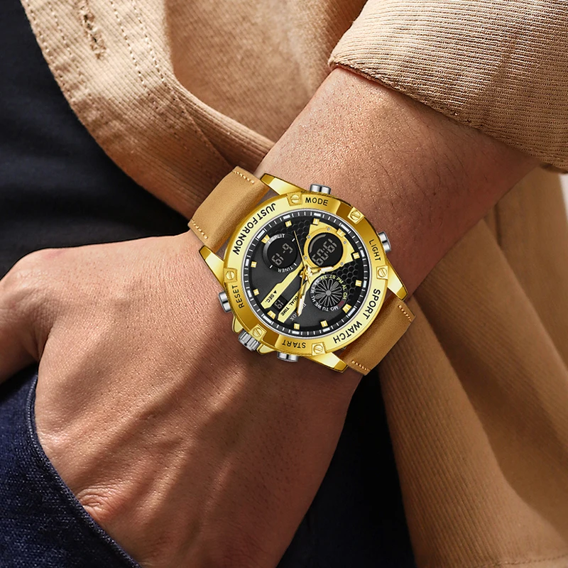 FOXBOX Top Brand Luxury Mens Watches Fashion Leather Analog Digital Watch For Men Casual Sports Waterproof Quartz Chronograph