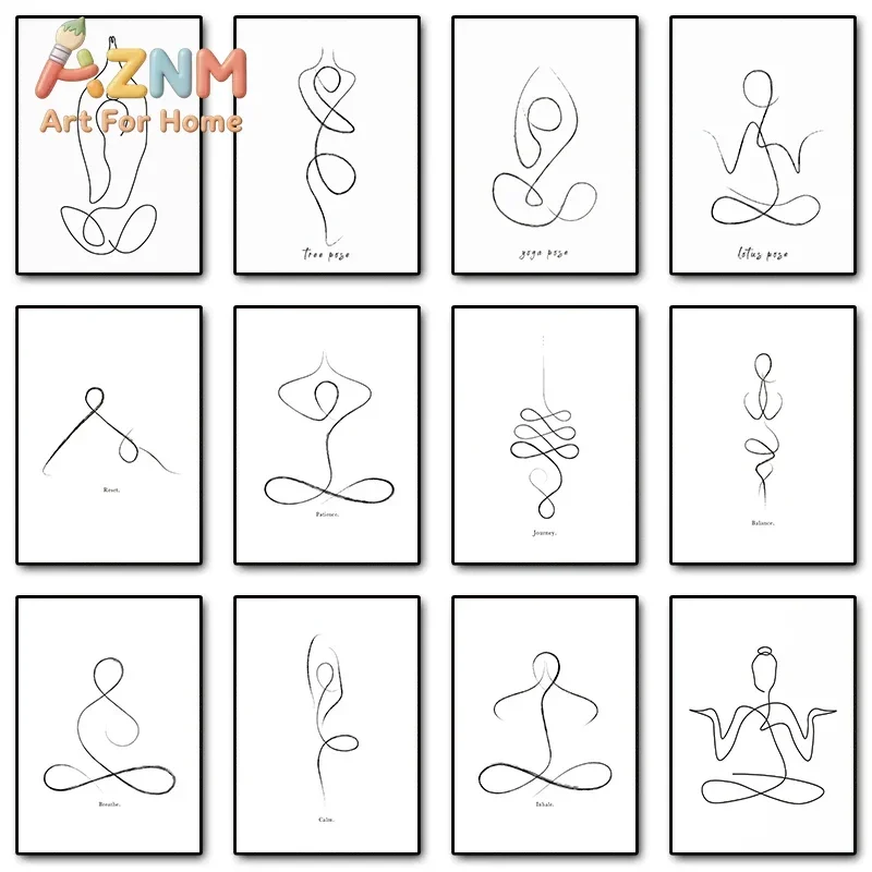 Yoga Pose Line Art Meditation Poster Yoga Symbol Breathe Canvas Printing Minimalist Modern Wall Art Picture Yoga Room Decor