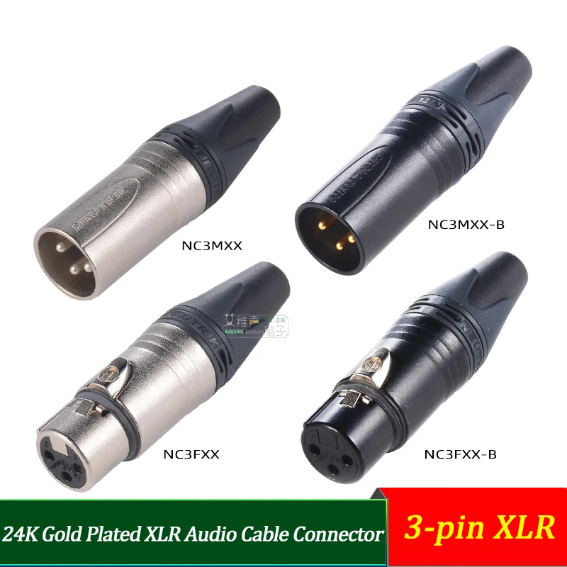 24K Gold Plated 3-Pin XLR Connector NC3MXX Plug & NC3FXX Jack for Stage DJ Recording, Neutrik XLR Audio Cable Connector