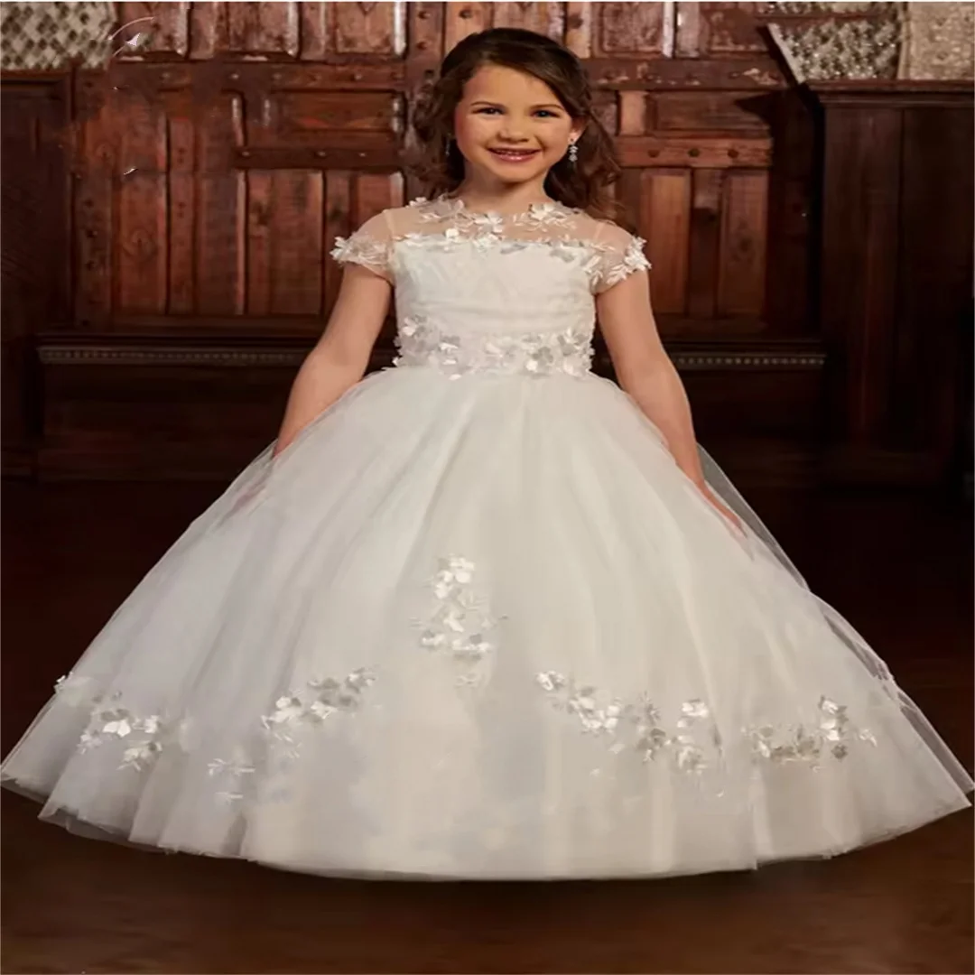 

Customized Flower Girl Dress For Wedding Short Sleeves Puffy Lace Applique Kids Baby Birthday Party First Communion Ball Gowns