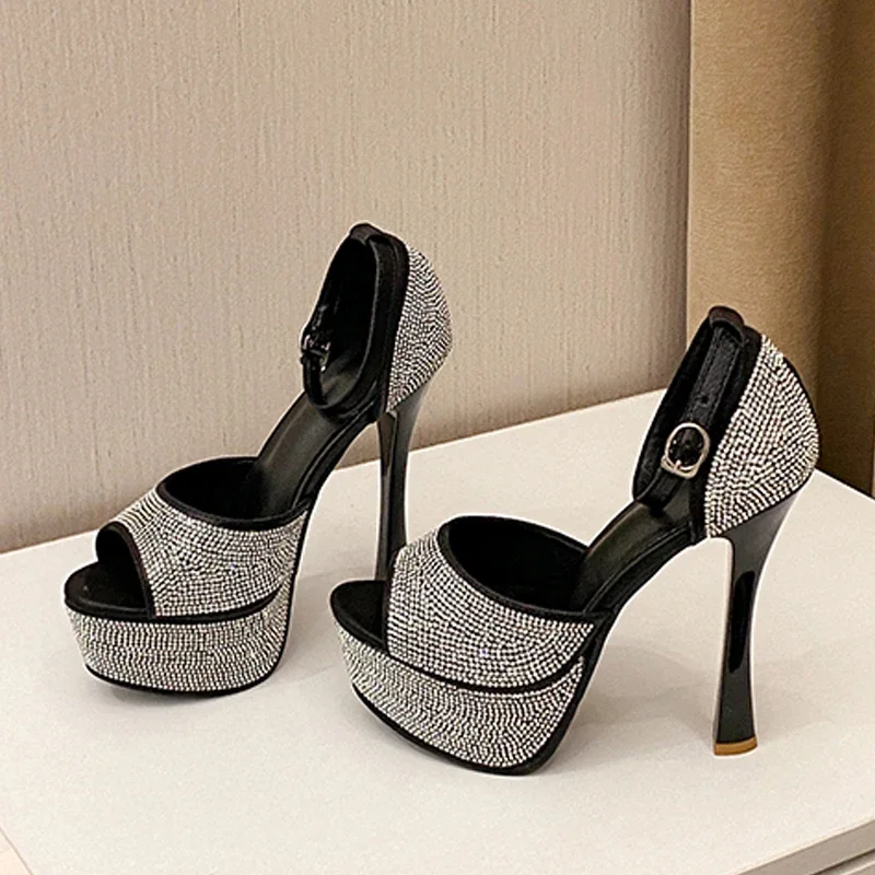 

Eilyken Summer Fashion Platform Satin Crystal Diamond Buckle Strap Women Sandals Sexy Thin High Heels Banquet Prom Shoes