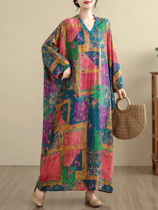 plus Size Cotton Linen V-Ne Travel Casual Long Dr Meat Concealing Vintage Sle Holiday Wind New Model Full Coverage Gown