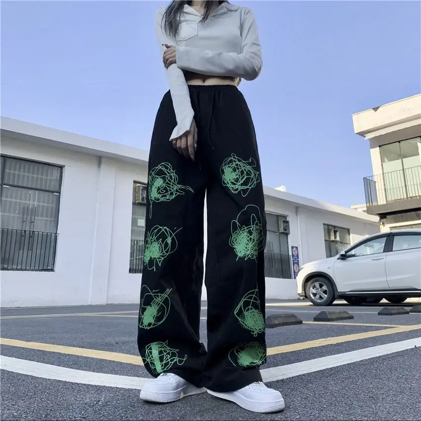 Hip Hop Women Green Graffiti Print Casual Pants Spring Autumn Vintage New Pocket Elastic Waist Streetwear Fashion Loose Trousers