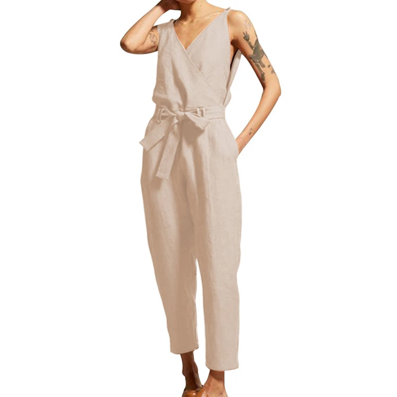 2023 Summer New Casual Fashion Lady Office Sleeveless Jumpsuit V-neck Belt Elegant Slim Comfortable Simple Temperament Jumpsuit