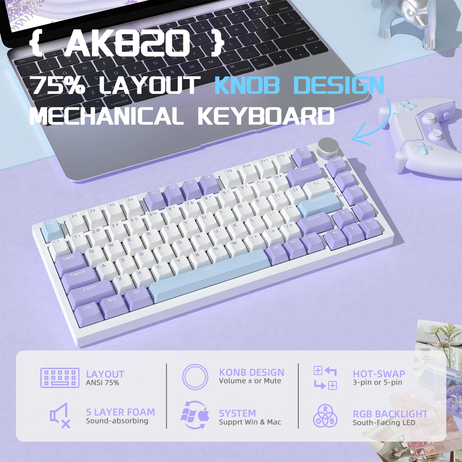 لوحة مفاتيح ميكانيكية A.JAZZ AK820 قابلة للتبديل السريع، لوحة مفاتيح سلكية للألعاب بإضاءة خلفية TKL RGB بنسبة 75% مع تحكم في المقبض، رغوة بورون