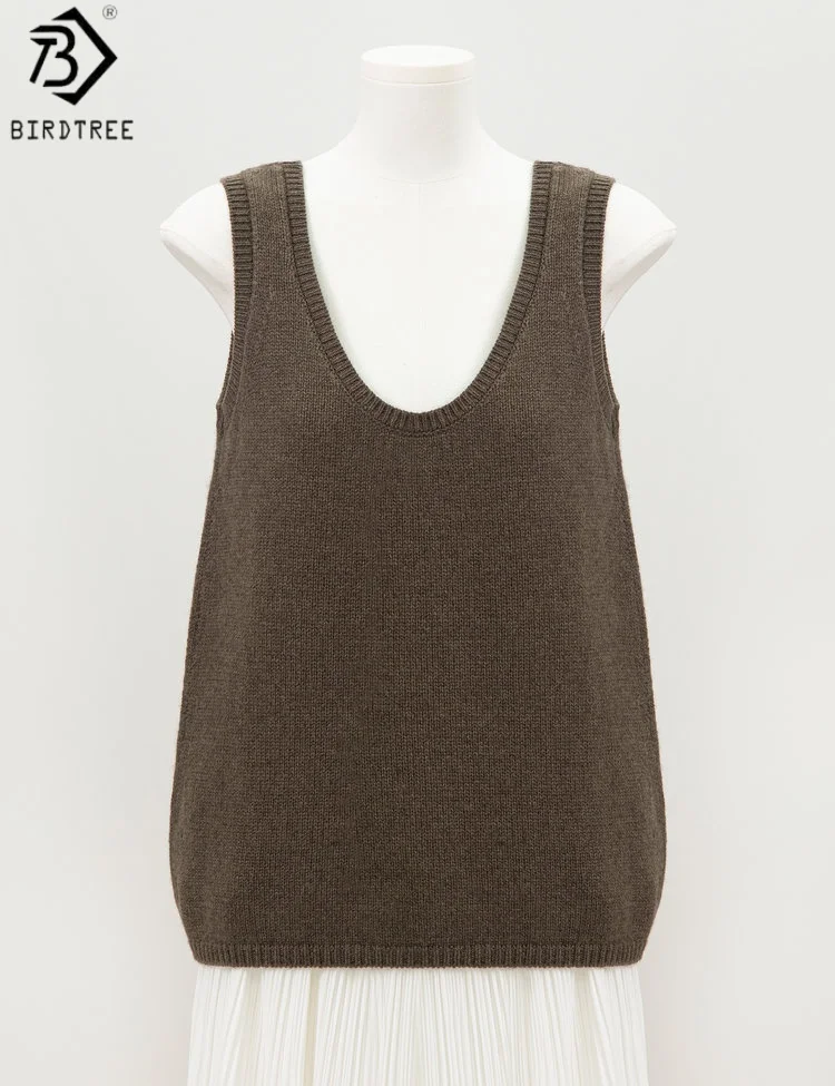 

Birdtree 84,7% овечьей шерсти, вязаный жилет из шерсти яка 15,3%, женский свободный однотонный осенний трикотаж без рукавов с U-образным вырезом, жилет T59439JF