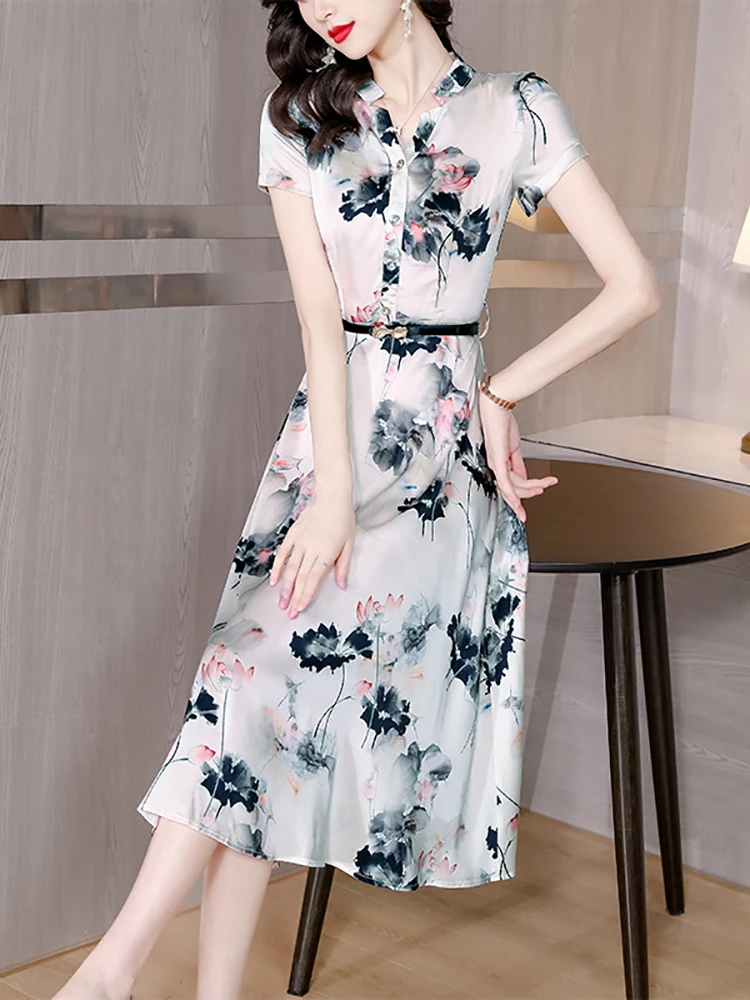 Frauen neue Acetat Satin Kurzarm Midi Kleid Sommer Mode Blumen lässig Strand kleid koreanische elegante Bodycon Party kleid