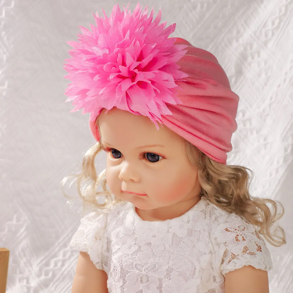 0-3Y Solid Turban Hats Big flower Cap for Baby Boys Girls Handmade production Thin Elastic Caps Bonnet Toddler Headwraps