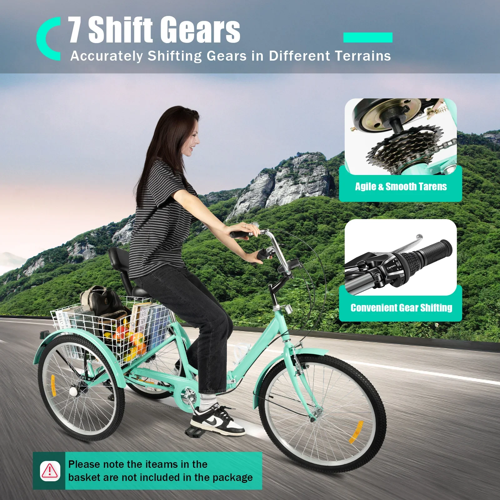 24 Inch 7 speed Three-wheel Bike Folding Three-wheeled Bicycle Turquoise Adult Shopping Tricycle with LED Light for Adult