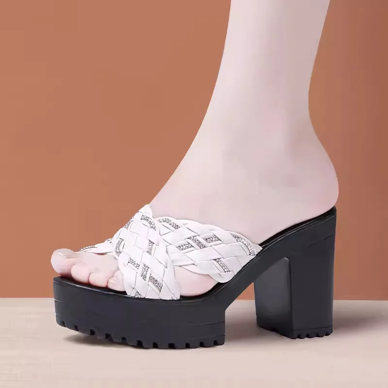 10 سنتيمتر صغيرة الحجم 32-43 أنيقة حجر الراين لينة شبشب جلدي أحذية منصة الصيف كتلة عالية الكعب الشرائح مكتب نموذج