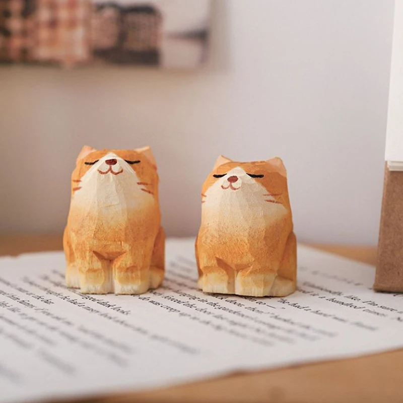 Mini Wooden Animal Figurine Hand Carving Wood Cat Statues Cute Painted Cats Crafts Ornaments Table Deocr Gifts