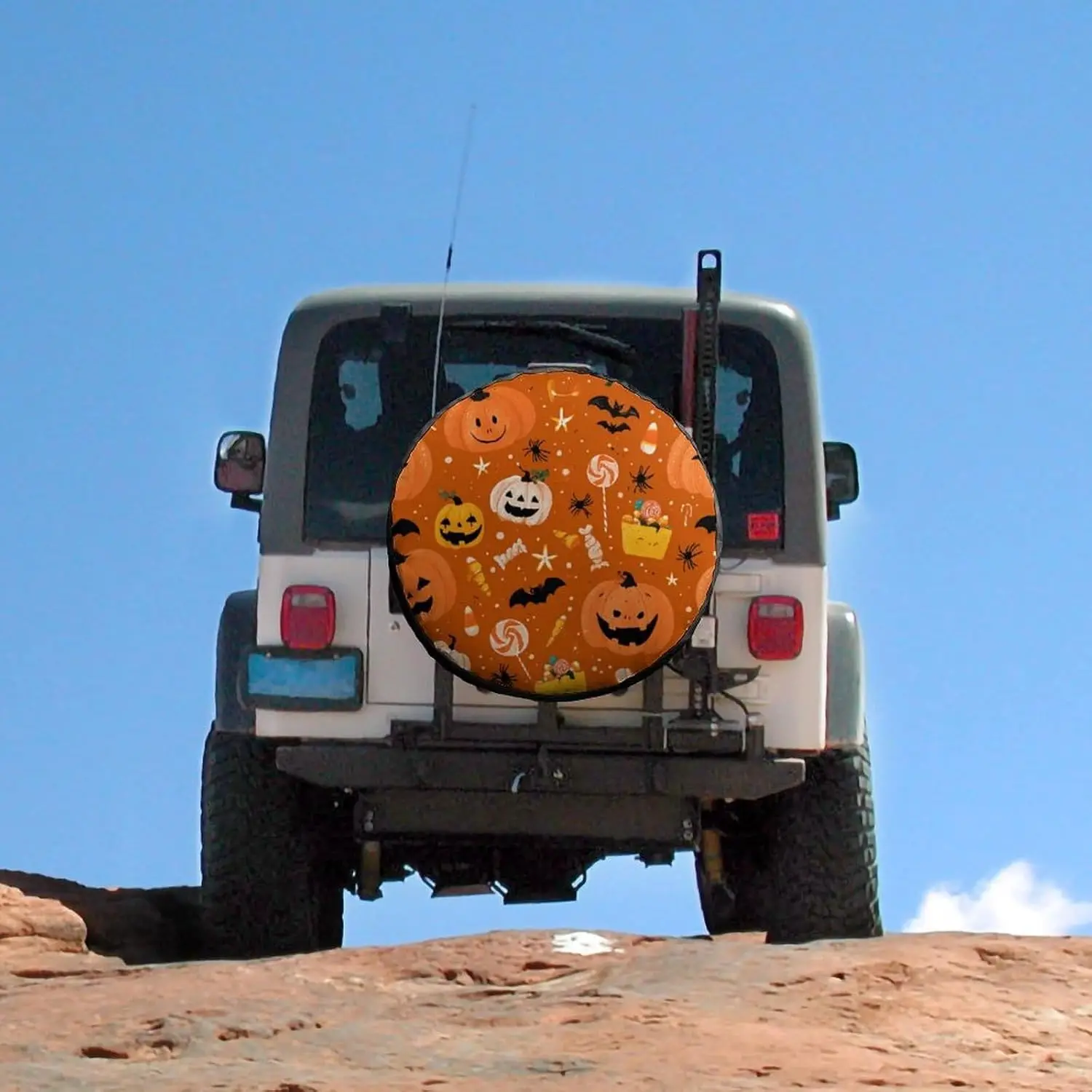 Spare Tire Cover 15inch Halloween-Themed Design Wheel Tire Covers for Travel Trailers Protectors Weatherproof Dust-Proof Happy