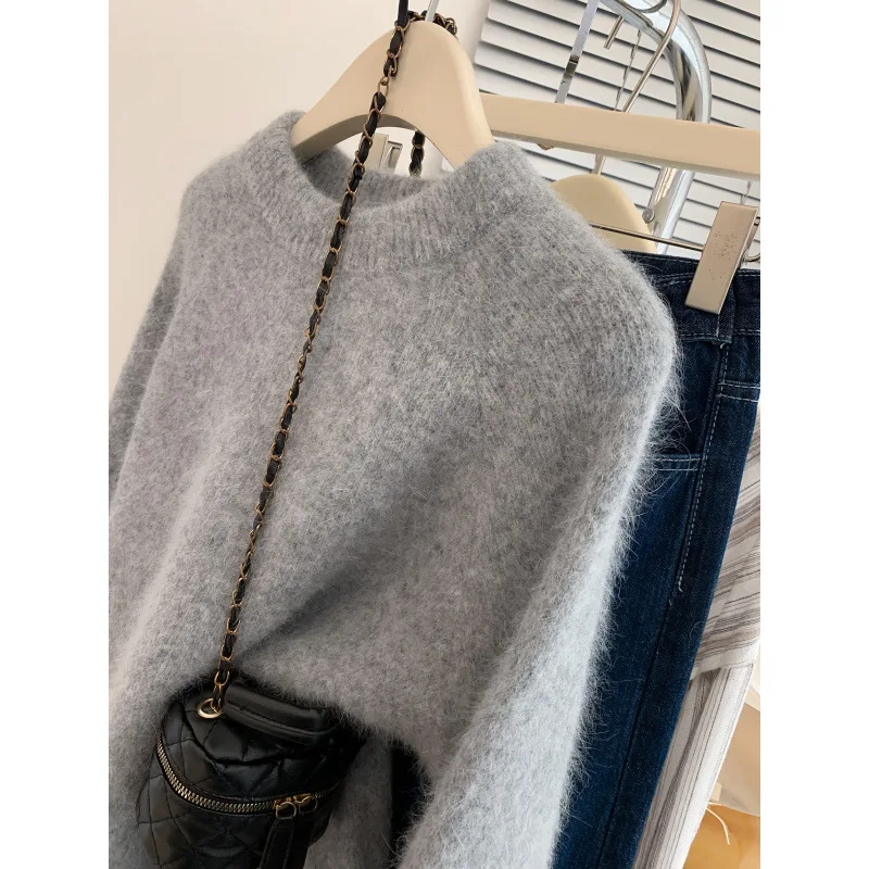Maglione lavorato a maglia morbido grigio da donna autunno inverno top a maniche lunghe allentato nuovo cappotto caldo pullover semplice con scollo a O in tinta unita