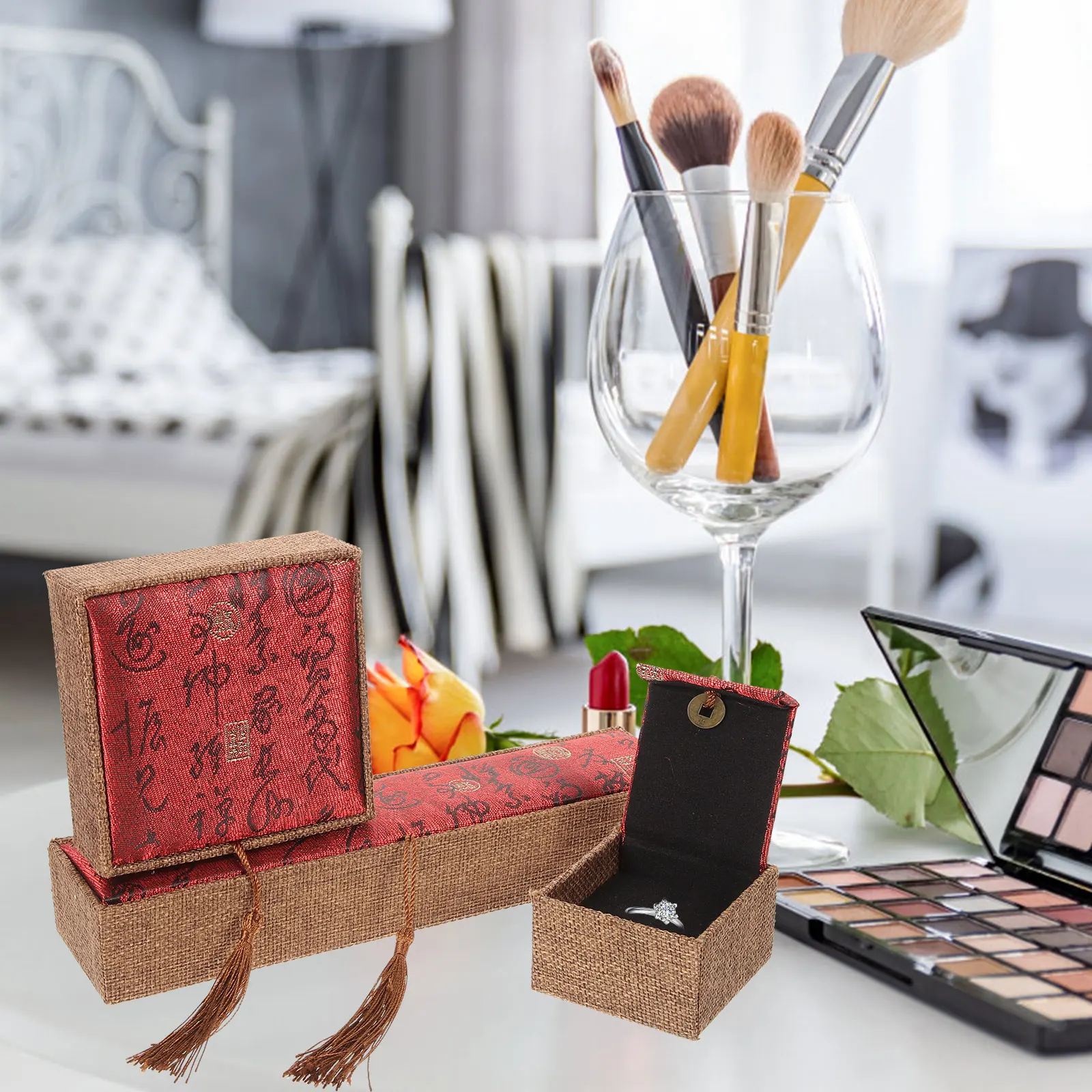 

3pcs Jewelry Gift Box Vintage Wooden Ring Earrings Storage Containers Black Small Boxes For Bracelet Necklace Packaging