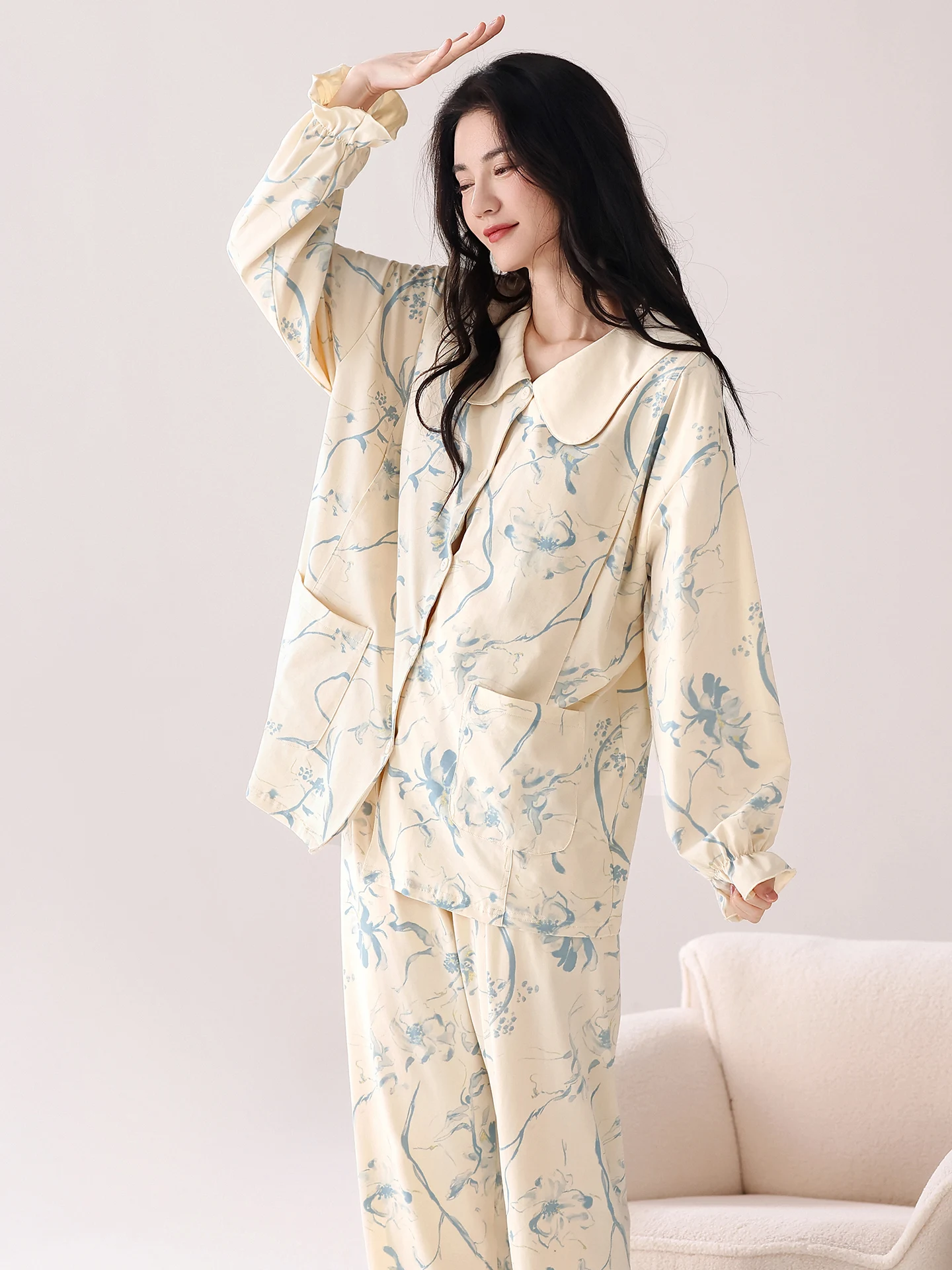maternity-sleepwear-long-sleeve-cotton-pyjamas-adjustable-waist-comfortable-home-clothes-for-pregnant-women-postpartum-gown