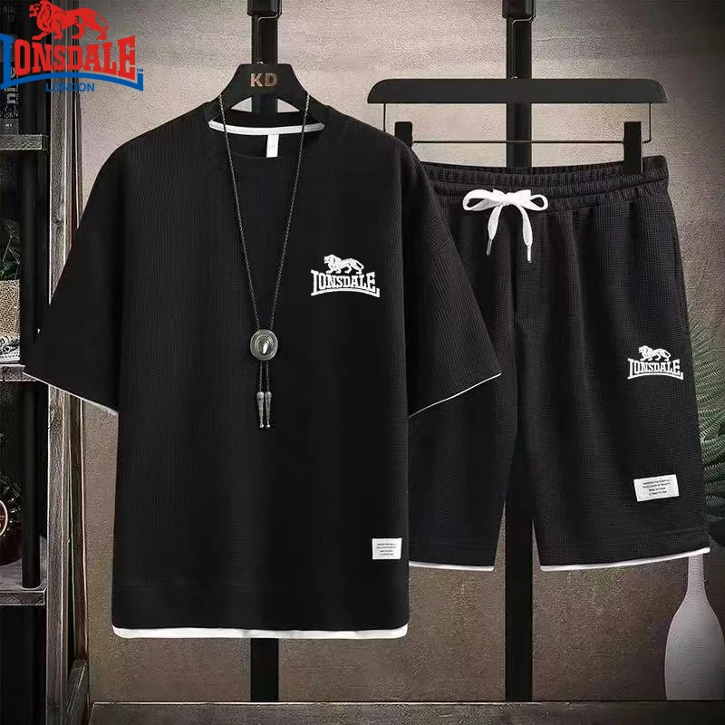 Embroidered LONSDALE Summer Men's Waffle Sets Casual T-Shirt And Shorts Set Male Sports Suit Tracksuit Loose Suits Size 3XL