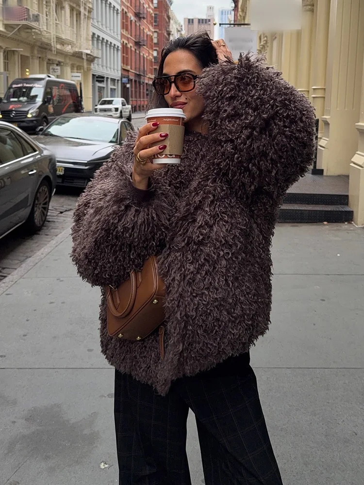 

HH Women Chic Solid Long Sleeve Warm Jacket Faux Fur Effect Short Jacket Woman Elegant O-Neck Hidden Buckle Casual Loose Outwear