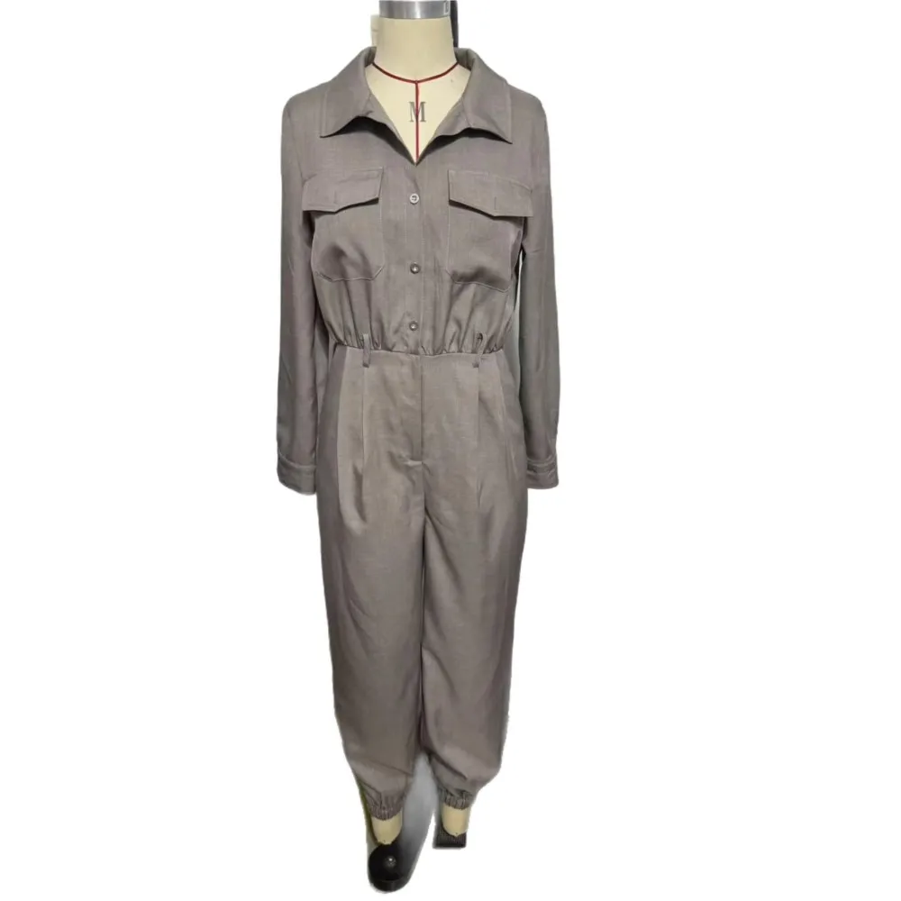 

Lapel Single-breasted Multi-button Leg Jumpsuit Women Spring Autumn Solid Color Long-sleeved New Jumpsuits For Woman