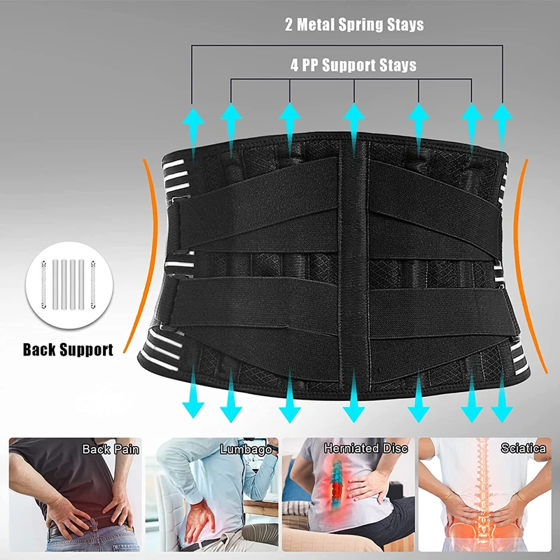 Lower Back Brace Breathable Waist Lumbar Support Belt with 6 Stays for Back Pain Relief Sciatica Herniated Disc Scoliosis Unisex