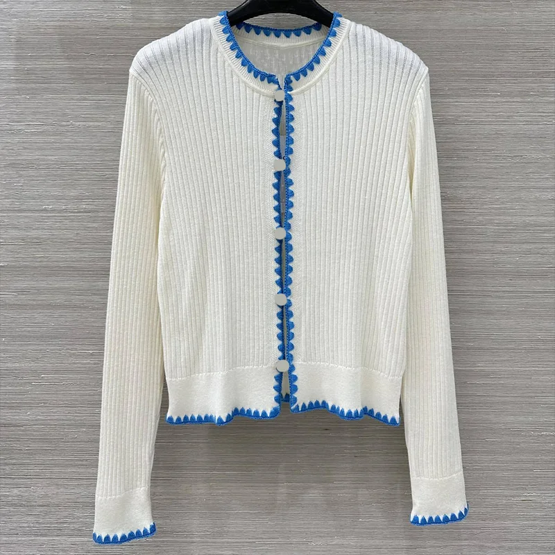 

Высококачественный женский удобный свитер в стиле пэчворк с одной пуговицей и вышивкой, полукруглый кружевной контрастный кардиган 2592510