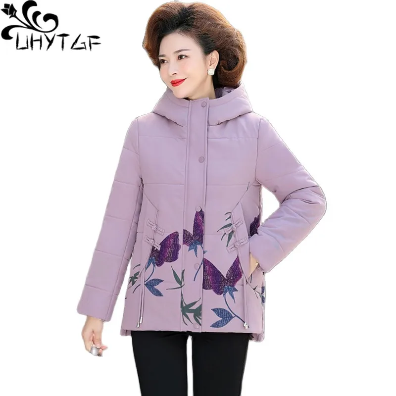 UHYTGF XL-5XL Jackets Women Print Hooded Plush Warm Cotton Coat Female Casual Short Overcoat Winter Parkas Outerwear Ladies 2019