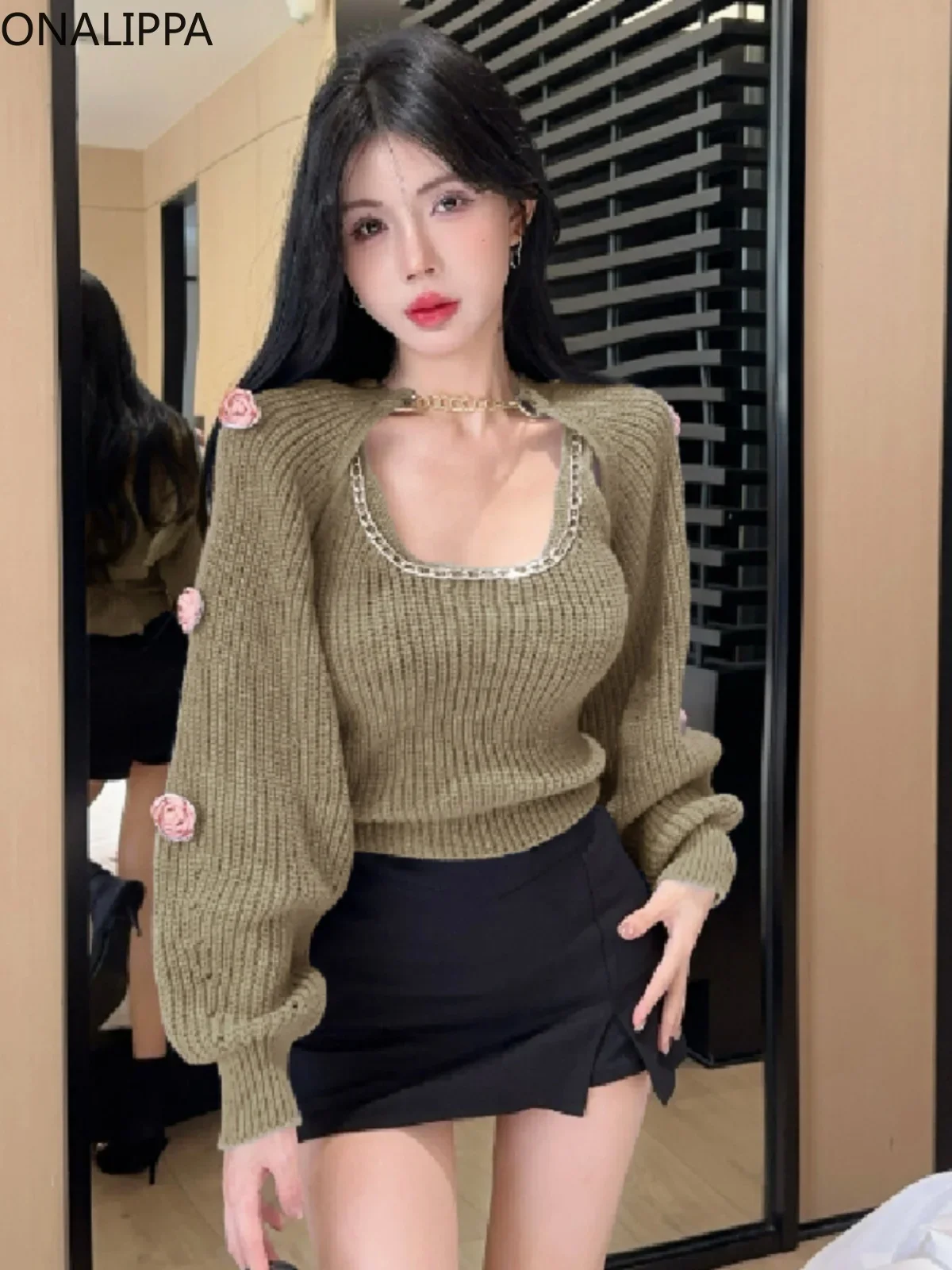 Onalippa Knitted Two Piece Sets Womens Outfit Metal Chain Bottoming Tank Top Three Dimensional Flowers Lantern Sleeve Cardigan