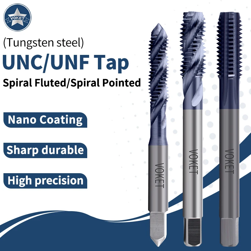 

Метчик спиральный VOKET из карбид-вольфрамовой стали, стандарт JIS, UNC UNF 4-40 6-32 8-32 10-24, для машинной нарезки резьбы, для HRC 55 ° - 62 °