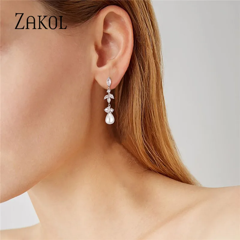 ZAKOL-pendientes coreanos de Zirconia cúbica, Pendientes colgantes de perlas con gotitas de agua AAA, temperamento, novia, dama de honor, boda, EP5155