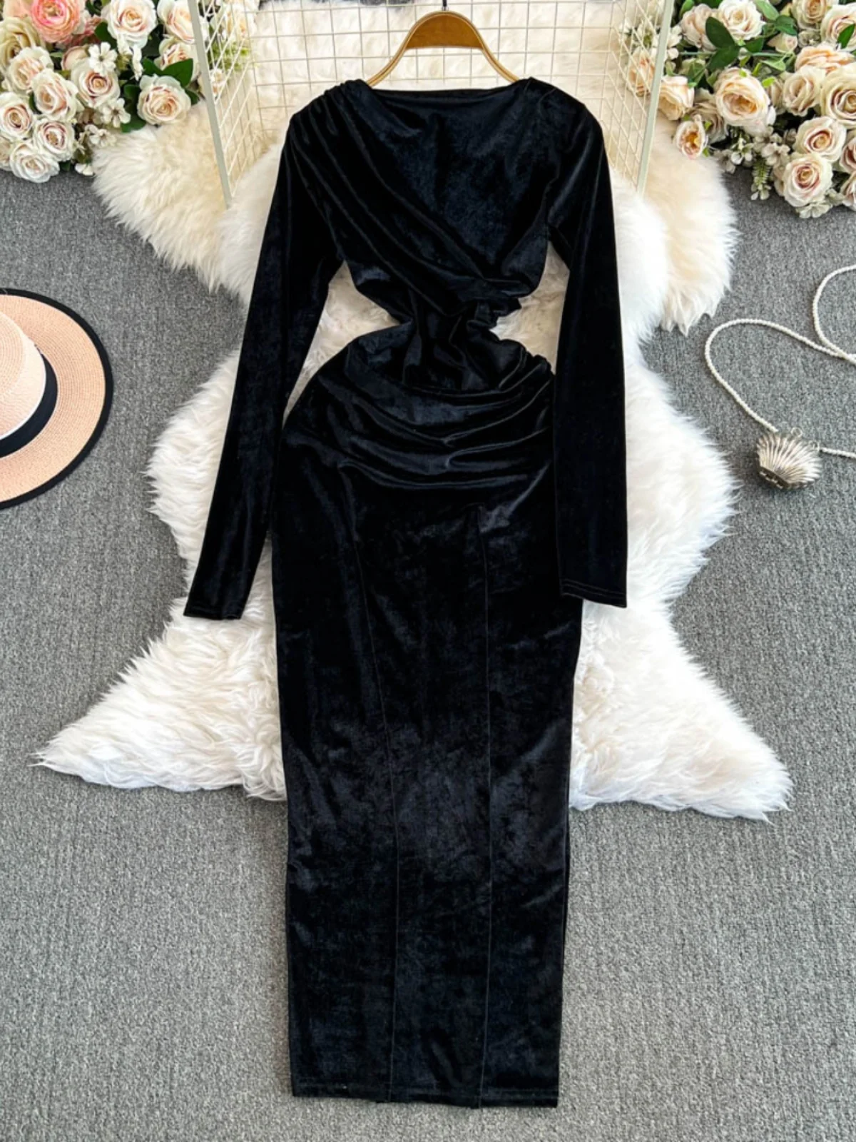 Faionable Sexy Lungo Sve Dimagrante Aderente Velluto Dr rotondo Ne Vita alta A-Line Midi Dr Coreano Sle Pendolarismo Dr