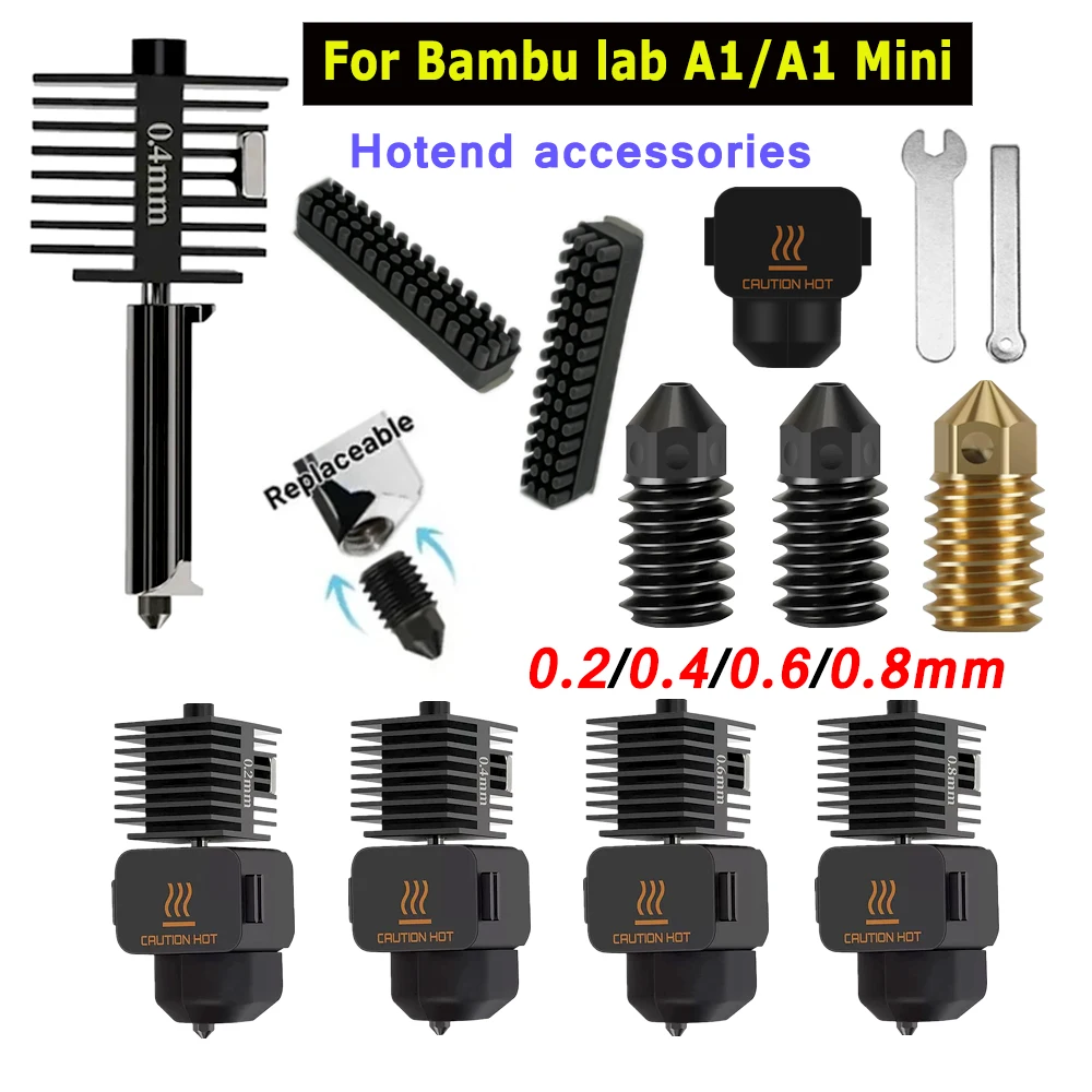 

Для Bambu Lab A1, A1 Mini Hot End 0,2 мм 0,4 мм 0,6 мм 0,8 мм съемные латунные насадки из закаленной стали, комплект аксессуаров, рукав