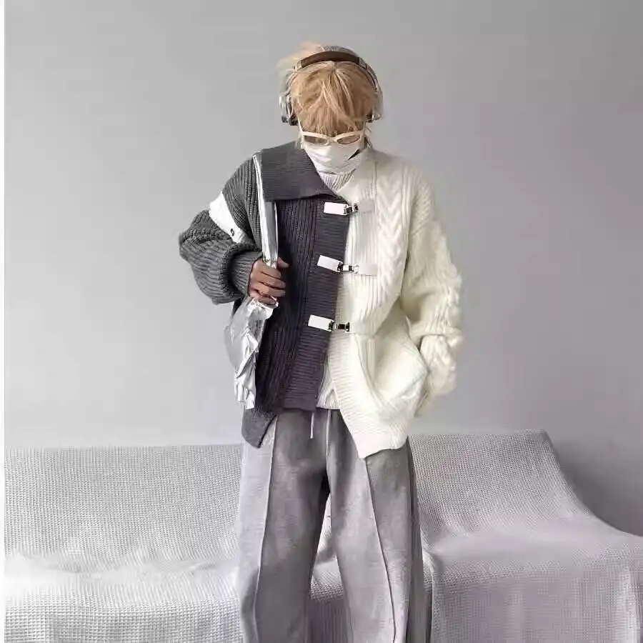 Men's Autumn Spring Patchwork Color Block Cardigan Sweater Stylish Cool Loose Fit Trendy High Street Knitwear Jacket