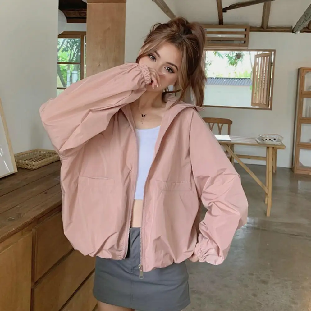 

Куртка женская однотонная на молнии, свободная уличная одежда с длинными рукавами, карманами и гладкой поверхностью, для путешествий, осень-весна