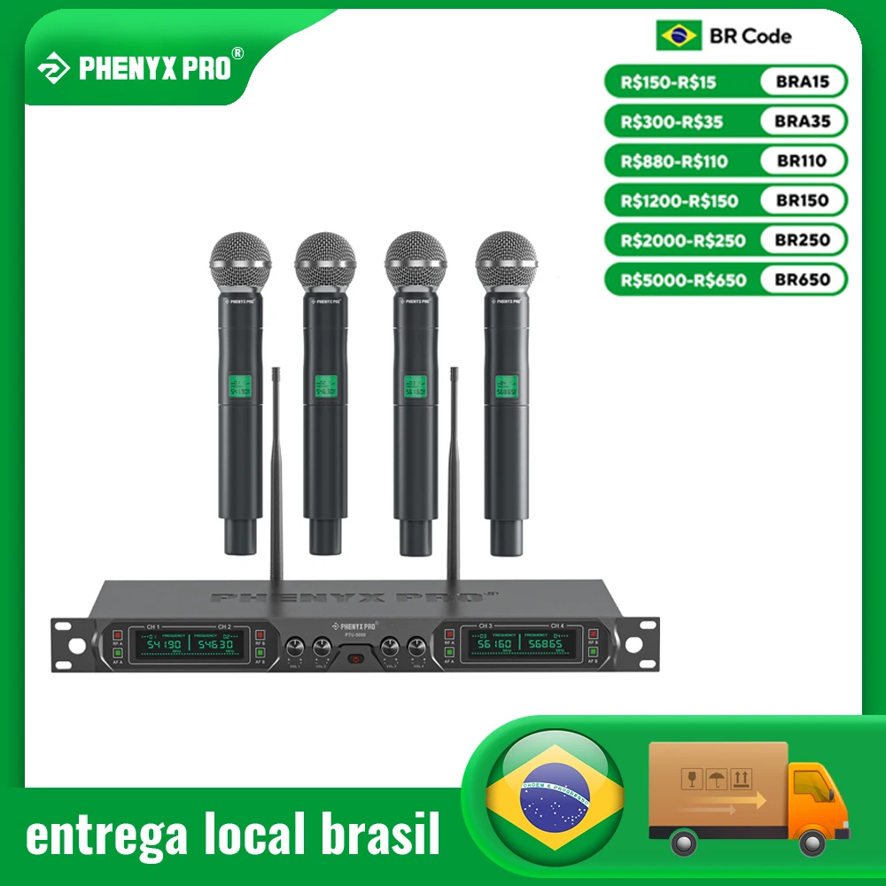 Phenyx Pro Drahtloses Mikrofonsystem Karaoke Home System 4-Kanal UHF Professioneller Lautsprecher Singen Party PTU-5000