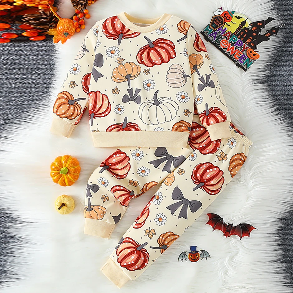 2-teiliges Herbst- und Winter-Kinder-Halloween-Set mit niedlichem Print-Sweatshirt und Hose für Jungen und Mädchen, Thanksgiving-Mode-Set – Detail 7