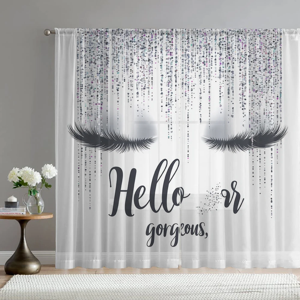 

2PCS Gray eyelash printed window screens with pole pockets, suitable for kitchens, cafes, and living rooms