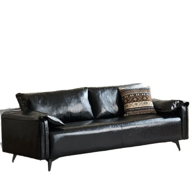 

Black sofa small apartment living room modern simple apartment bedroom retro oil wax leather art double sofa straight row