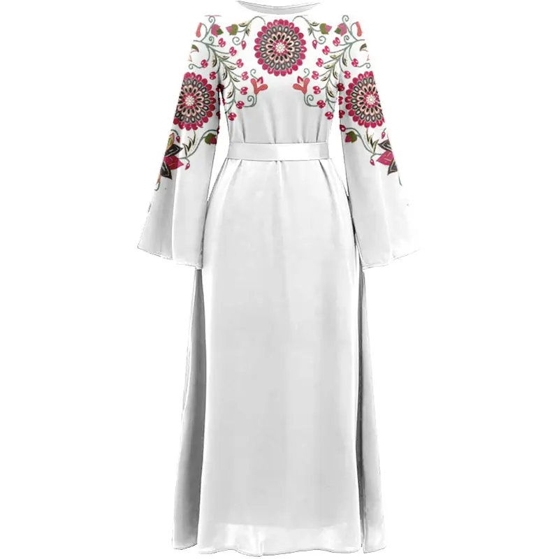 Été arabe turc à manches longues robe musulmane ceinture Casual O col délicat imprimé Maxi robe élégante robe de soirée des femmes