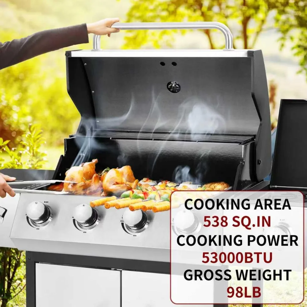 53000 BTU Gas Grill & Enameled Cast Iron Grates, 4 Main & Side Burner Propane Patio Garden, Custom view 5