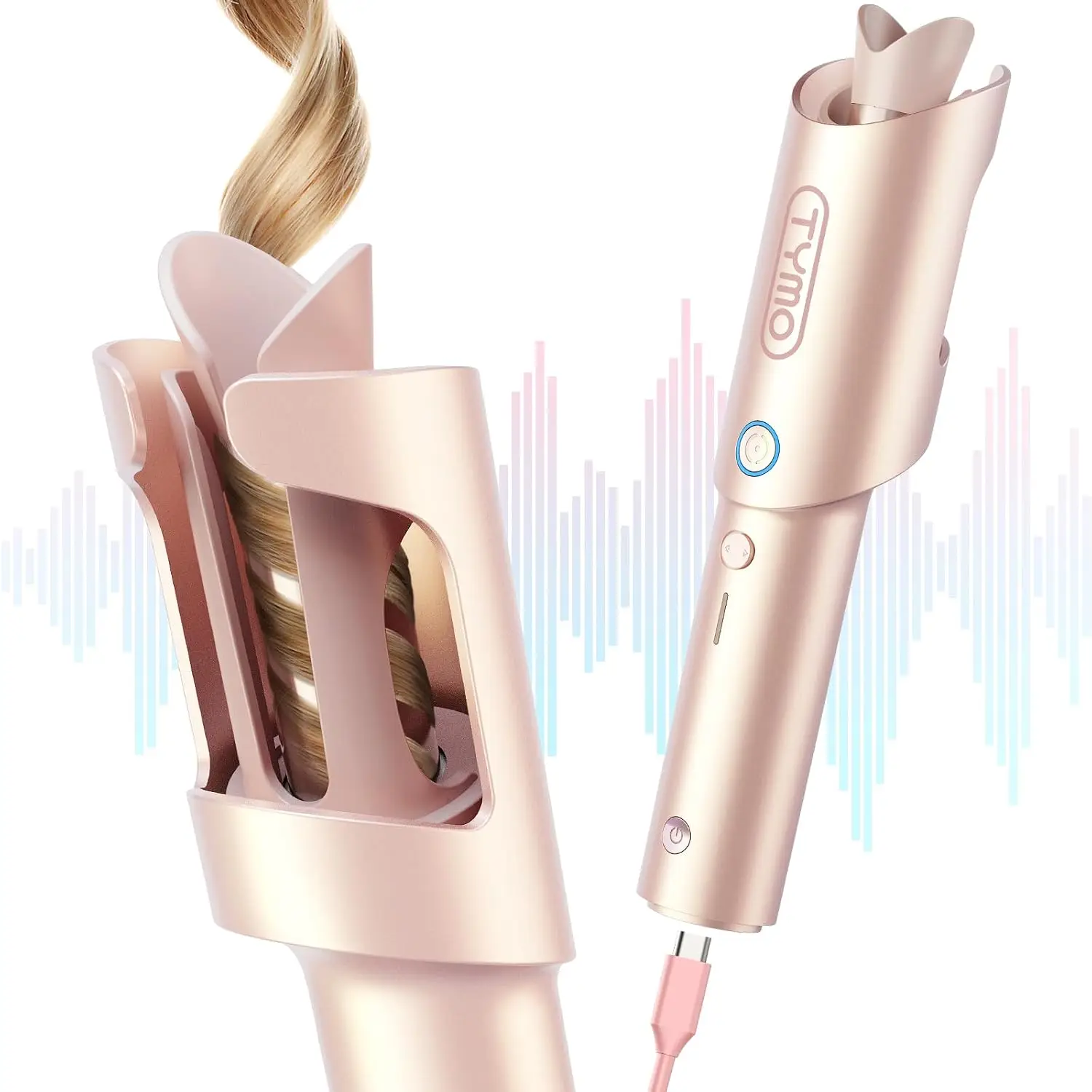 Cordless Automatic Curling Iron 1 Inch - Rotating Curling Wand for Beach Waves, Portable Travel Curler, Dual Voltage & Rechargeable, Tangle-Free, Gold Blush
